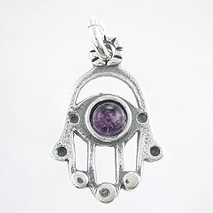 Hamsa Hand Pendant with Amethyst Gemstone in Sterling Silver, #8379