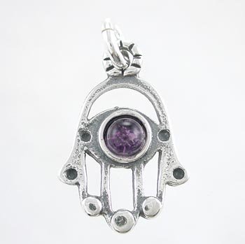 Sterling Silver Hamsa Hand Pendant with Amethyst Gemstone