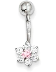 10k White Gold W/Cz Flower Pink Center Belly Dangle