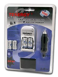 Card Kit: 4 Tenergy RCR123A 3.0V 900mAh Rechargeable Li-Ion Protected Batteries with a Smart Charger