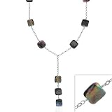 Sterling Silver Iridescent Genuine Freshwater Cultured Square Black Coin Pearl Leaf Link Necklace 16-19