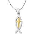 14k Yellow Gold Overlay Sterling Silver Cross Two-Tone Pendant, 18"