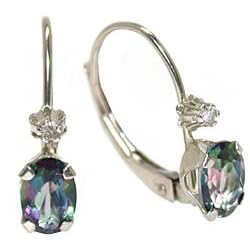 10K White Gold Mystic Topaz and Diamond Leverback Earrings