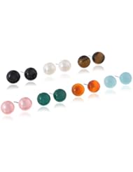Set of 7 Freshwater Cultured Button Pearl and Opaque Bead Stud Earrings with Sterling Silver Posts (8-8.5mm)