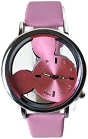 Fashion Mouse Delicate transparent hollow dial leather strap wristwatches quartz watch (Color:Pink)