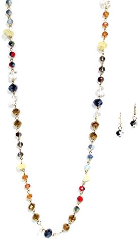 Goldtone Multicolor Black, Gray, and Metallic Glass Crystal Long Fashion Necklace and Earring Set