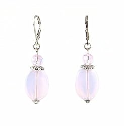 Earrings - E345 - Genuine Pink Opalite Gemstone and Fire Polished Glass Beads ~ Oval