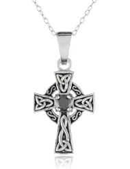 Sterling Silver Celtic Cross with Black Cubic Zirconia Center Pendant Necklace , 18"