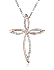 18k Rose Gold-Plated Sterling Silver and Diamond Cross Pendant Necklace (.08 cttw, I-J, I2-I3 Clarity), 18"