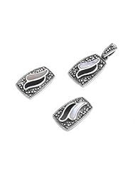 Sterling Silver Pearl Onyx Twin Swirl Marcasite Vintage Earring Pendant Set