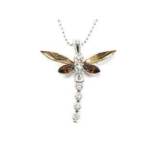 Beautiful Large Amber and Ice Crystal Dragonfly Charm Necklace Silver Tone Tail Moves