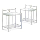 2 White Metal & Glass Night Stands Side Table Set Heart Shaped Bobble