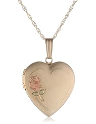 14k Yellow Gold Engraved Rose Heart Locket with Tricolor Necklace, 18"