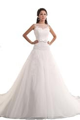 A-line Floor Length  Applique Satin/Tulle Bateau Neck  Dress with a Chapel Train  With a Bow(s) and a Ribbon  and a Sash 