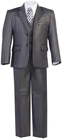 Magen Kids Boys 5 Piece Formal Tuxedo Suit Set, 2 Buttons, Slim Fit,Light Gray
