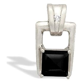 14K White Gold Genuine Square Black Onyx and Diamond Art-Deco Pendant by 