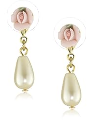 1928 Jewelry Porcelain Rose Pearl Drop Earrings