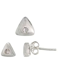 Sterling Silver Matte-finish Triangular Earrings (6mm tall) & Pendant Slide (7mm tall) Set, w/ Brilliant Cut CZ Stones