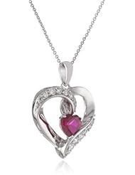 Sterling Silver and Heart Created Ruby Heart with Created White Sapphire Accents Heart Pendant Necklace, 18"