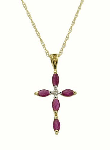 9ct Yellow Gold Ruby & Diamond Cross Pendant On 18 Rope Chain