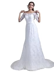 A-line Satin Beaded Lace Off the Shoulder Elbow Length Sleeves  Dress with a Court Train 