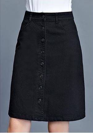 (ALLURE) 台形 Aライン デニム スカート フロントボタン ミモレ丈 ブラック ホワイトAF0510