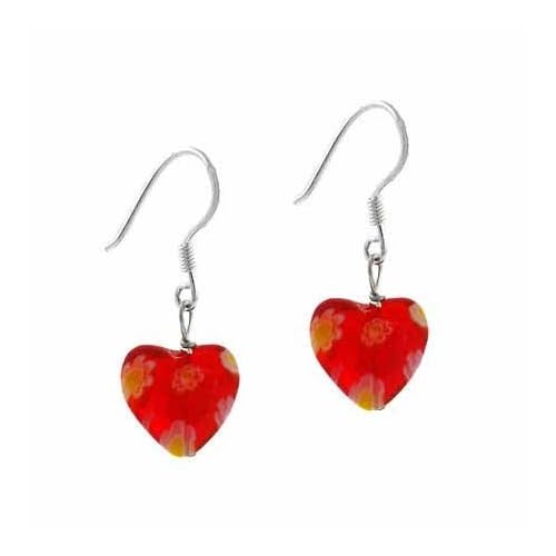 Sterling Silver Murano Glass Red Oval Flower Millefiori Heart Earrings Valentine's Day