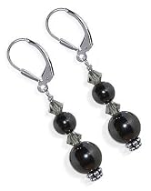 Hematite & Swarovski Crystal Sterling Silver French Hook 1.5" Long Dangle Earrings