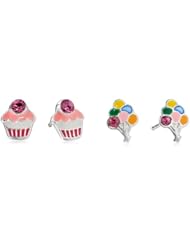 Kate & Lucy Girls Sterling Silver Enamel Cupcake and Balloon Earrings Set