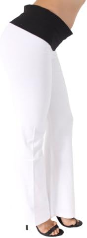 Yoga Fitness Gym Long Pants with Color Fold Over Waist By Miami Style 476 (S, white/black)