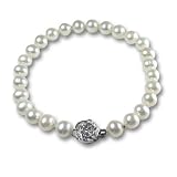 White AAA Cultured Pearl Bracelet w. Platinum Overlay CAREFREE Sterling Silver Rose Clasp 7