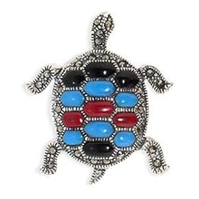 Sterling Silver Marcasite TURTLE INLAY Pin Brooch 33 MM Long and 28 MM Wide by Gem Avenue