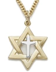 24K Gold Over Sterling Silver 2-Tone Star of David with Centered Cross Necklace Christian Jewelry Christian Fashion Jewelry Gift Boxed w/Chain 24" Length Gift Boxed