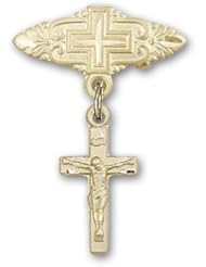 14K Gold Baby Badge with Crucifix Charm and Badge Pin with Cross