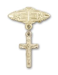 Gold Filled Baby Badge with Crucifix Charm and Badge Pin with Cross