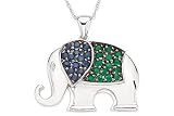 3/4 Carat Sapphire, Emerald and Diamond 14K White Gold Elephant Pendant w/Chain