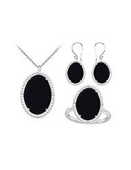 Black Onyx and Cubic Zirconia Pendant with Earrings Ring Set in Sterling Silver 60.32 CT TGW