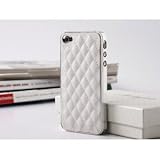 Pandamimi White Deluxe Plastic Chrome Genuine Leather Case Cover for Apple AT&T Sprint Verizon iPhone 4S 4 4G