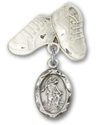 Sterling Silver Baby Badge with Guardian Angel Charm and Baby Boots Pin