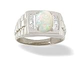 14K White Gold Genuine Oval Opal and Diamond Men's Ring