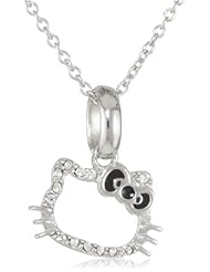 Hello Kitty by Simmons Jewelry Co. White Czech Crystal Silhouette with Black Enamel Bow Girls Pendant Necklace