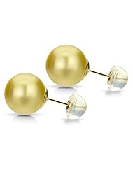 14k Yellow Gold 10-11mm Perfect Round Golden South Sea Pearl High Luster Stud Earring.