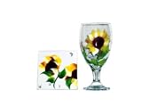 ArtisanStreet's Hand Painted Water Glasses with Matching Coasters. Set of 8  4 Glasses, 4 Coasters. Features A Beautiful Sunflower Design, Yellow & Brown Sunflowers on a Background of Bright Green Leaves. Made to Order Set Signed by Artisan.