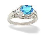 14K White Gold Genuine Oval Blue Topaz and Diamond Antique Style Ring