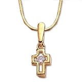Gold-Plated Fine Pewter and CZ Stone Gods Kids Cross and 16-inch Chain
