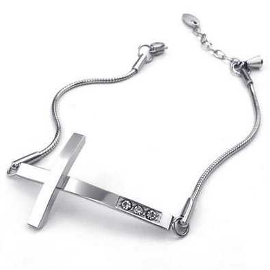 Three Keys Jewelry Womens Cubic Zirconia Stainless Steel Bracelet, Sideways Cross Charm, Silver