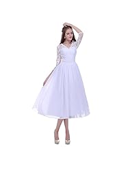 Plus Size V-neck Short Tea Length Chiffon Elbow Length Sleeves Lace Wedding Dress 