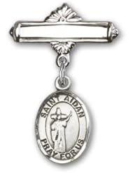 Sterling Silver Baby Badge with St. Aidan of Lindesfarne Charm and Polished Badge Pin