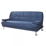 Blue Futon Sofa Bed with Pillows and Metal Legs