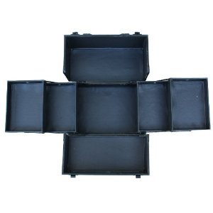 Makeup Case, Cosmetic Case. Professional Makeup Train Case in Diamond Black. Aluminum Utility Case with Extendable Trays to Organize & Transport Make-Up Brushes, Tools & Accessories. (4 Inner Trays Dimension: 7.75" X 5.5" X 1.75". Center Compartment Dimension: 12.25" X 8.5" X 3". Case Dimension: 12.5" X 8.6" X 8.6")